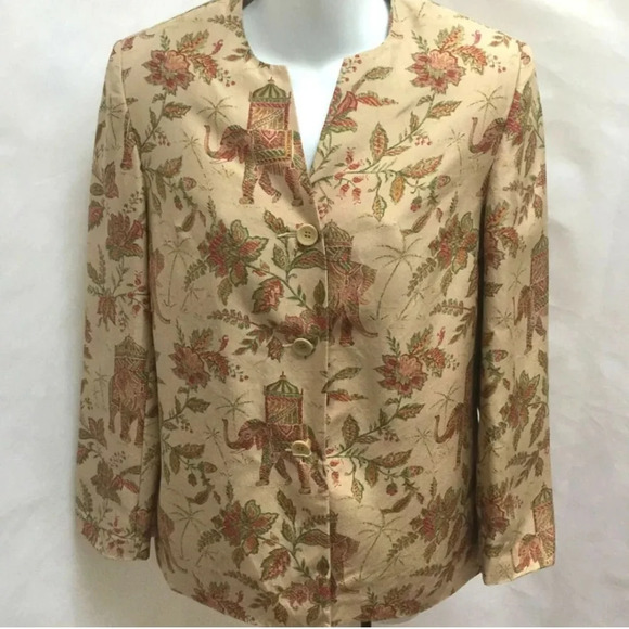Vtg Talbots Jacket Beige Green Pure Silk Elephant Floral Asian Indian Split Sz10 - Picture 1 of 12